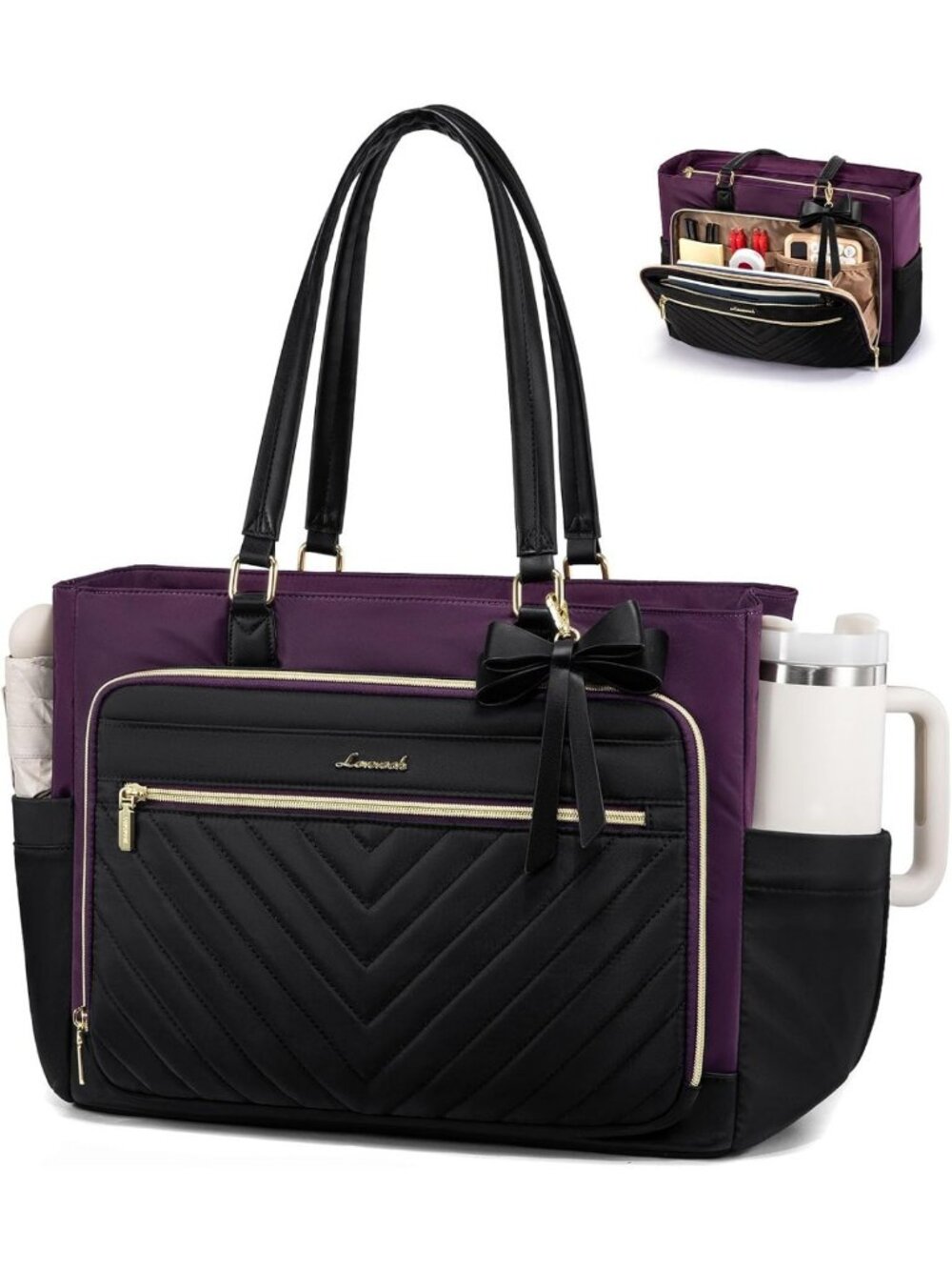 Stylish Tote Bag for Women, Laptop & Diaper Bag with Large Cup Holder, 15.6